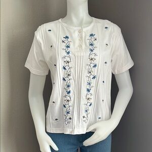 Petite Shenanigans Embroidered White and Blue Women's Top